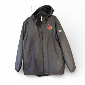 Adidas Climaproof gray hooded jacket. Louisville Cardinals logo. Medium Tall.